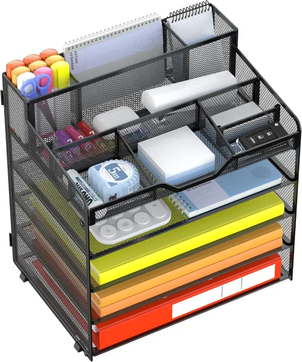 5-Tier Mesh Desk Organizer with Letter Trays & Pen Holders — Black